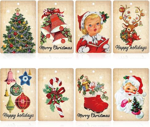AnyDesign 120Pcs Vintage Christmas Paper Gift Tags with Hemp Rope Retro Santa Reindeer Xmas Tree Tags Pre-Punched with Holes Holiday Favor Tags Hanging Labels for Christmas Party Supplies, 8 Design in Saudi Arabia
