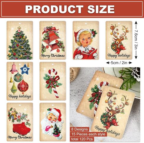 AnyDesign 120Pcs Vintage Christmas Paper Gift Tags with Hemp Rope Retro Santa Reindeer Xmas Tree Tags Pre-Punched with Holes Holiday Favor Tags Hanging Labels for Christmas Party Supplies, 8 Design in Saudi Arabia
