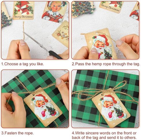 AnyDesign 120Pcs Vintage Christmas Paper Gift Tags with Hemp Rope Retro Santa Reindeer Xmas Tree Tags Pre-Punched with Holes Holiday Favor Tags Hanging Labels for Christmas Party Supplies, 8 Design in Saudi Arabia