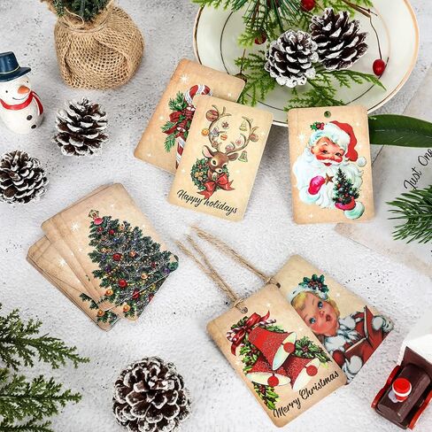 AnyDesign 120Pcs Vintage Christmas Paper Gift Tags with Hemp Rope Retro Santa Reindeer Xmas Tree Tags Pre-Punched with Holes Holiday Favor Tags Hanging Labels for Christmas Party Supplies, 8 Design in Saudi Arabia