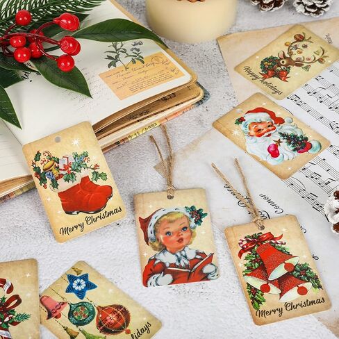 AnyDesign 120Pcs Vintage Christmas Paper Gift Tags with Hemp Rope Retro Santa Reindeer Xmas Tree Tags Pre-Punched with Holes Holiday Favor Tags Hanging Labels for Christmas Party Supplies, 8 Design in Saudi Arabia