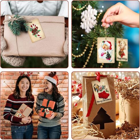 AnyDesign 120Pcs Vintage Christmas Paper Gift Tags with Hemp Rope Retro Santa Reindeer Xmas Tree Tags Pre-Punched with Holes Holiday Favor Tags Hanging Labels for Christmas Party Supplies, 8 Design in Saudi Arabia