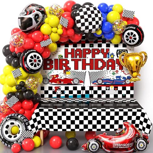 KELENO Race Car Birthday Party Supplies Decorations with Racing Balloon Garland Arch Kit, Backdrop, Track Tablecloth, Helmet Wheel Trophy Checkere Car Foil Balloon, Flags, Two Fast Birthday Decor in Kuwait