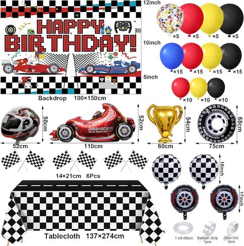 KELENO Race Car Birthday Party Supplies Decorations with Racing Balloon Garland Arch Kit, Backdrop, Track Tablecloth, Helmet Wheel Trophy Checkere Car Foil Balloon, Flags, Two Fast Birthday Decor in Kuwait