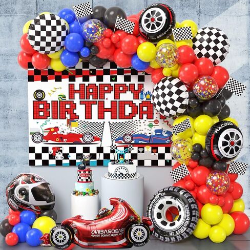 KELENO Race Car Birthday Party Supplies Decorations with Racing Balloon Garland Arch Kit, Backdrop, Track Tablecloth, Helmet Wheel Trophy Checkere Car Foil Balloon, Flags, Two Fast Birthday Decor in Kuwait