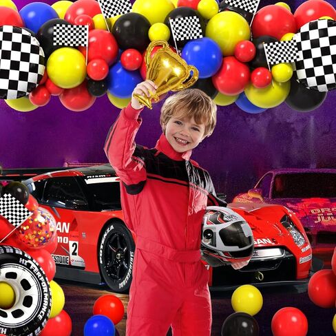 KELENO Race Car Birthday Party Supplies Decorations with Racing Balloon Garland Arch Kit, Backdrop, Track Tablecloth, Helmet Wheel Trophy Checkere Car Foil Balloon, Flags, Two Fast Birthday Decor in Kuwait