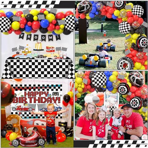KELENO Race Car Birthday Party Supplies Decorations with Racing Balloon Garland Arch Kit, Backdrop, Track Tablecloth, Helmet Wheel Trophy Checkere Car Foil Balloon, Flags, Two Fast Birthday Decor in Kuwait