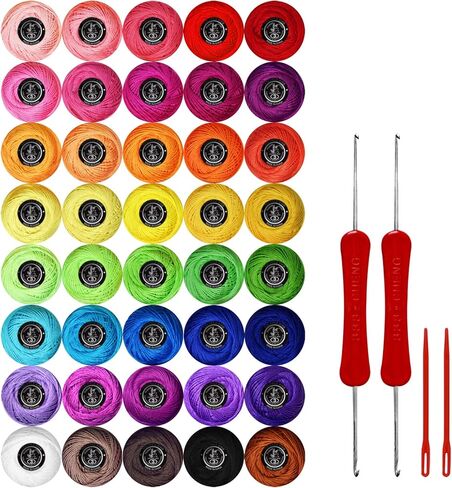 Crochet Thread Kit Size 3 Cotton Threads Balls kit 40 Popular Rainbow Colors with Free Set of 2 Crochet Hooks and 2pcs Knitting Needles for Beginners and Experienced Crochet Enthusiast in Kuwait