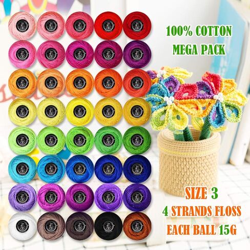 Crochet Thread Kit Size 3 Cotton Threads Balls kit 40 Popular Rainbow Colors with Free Set of 2 Crochet Hooks and 2pcs Knitting Needles for Beginners and Experienced Crochet Enthusiast in Kuwait