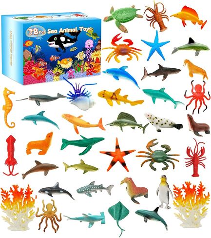لعبة حيوانات بحر المحيط، 38 قطعة من ألعاب الاستحمام على شكل حيوانات صغيرة، تماثيل واقعية تحت الحياة البحرية، سمكة قرش للأطفال الصغار والأطفال والأولاد والبنات تعليم عيد الميلاد هدية عيد ميلاد كعكة كب كيك توبر in Kuwait