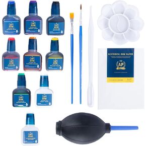 Alcohol Ink Set - 15 pcs of 20ml Vibrant Concentrated Colors Alcohol-Based Ink for Epoxy Resin Art Petri Dish Tumbler Making incl. Acrylic Ink Paper for Alcohol Inks Blending Solution & Paint Brushes in Saudi Arabia
