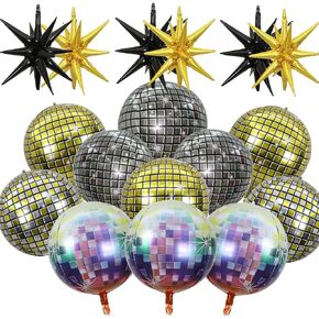 18 قطعة من ديكورات حفلات الديسكو بنمط السبعينيات والثمانينيات والتسعينيات، بالونات كرة ديسكو رباعية الابعاد بمراة معدنية، بالونات فويل على شكل نجمة متفجرة، بالونات مايلر مخروط النجوم الذهبية والسوداء in Kuwait