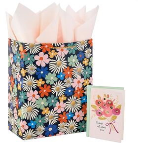 Hallmark Wrap 13" Large Gift Bag with Tissue Paper and Birthday Card, 135, Black, Pink, Sage, Yellow