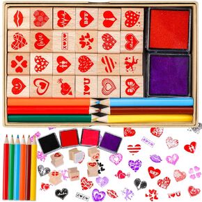 Konsait 34pcs Mini Valentine Stamps with Ink Pads Colored Pencil, Holiday Wood Rubber Stamp Cavalli Tiny Stamp Images with Drawing Colouring Pencil Art Supplies Set for Greeting Cards Scrapbooks in Saudi Arabia