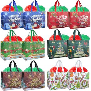 Holady 12 Pack Large Christmas Gift Bags with Tissue Paper,6 Styles Gift Bags Bulk with Handles, Reusable Non-Woven Christmas Bags for New Year's Shopping,Xmas Party Supplies(12.8"×9.8"×6.7") in Kuwait