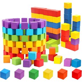Wood Blocks, 200 Pack Counting Cubes Square Wood Craft Cube Blocks Wooden Blocks Building Blocks,Square Blank Puzzle Making and DIY Craft Cube Blocks,Early Math Manipulatives (Assorted Coloe)