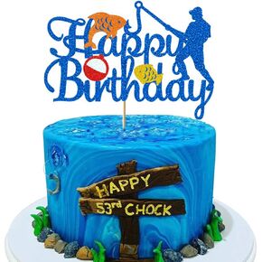 Glorymoment Fishing Cake Toppers Birthday, Glitter Blue Bobber Cake Topper, Fisherman Cake Topper Birthday Fishing Themed Party Cake Decoration Supplies -Double Sided (6.7?? x 4.67??)