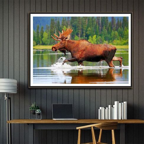Diamond Painting Kits for Adults, Kids Moose Animals in The Water DIY 5D Diamond Painting Arts Craft for Home Wall Decor Birthday Gifts 12x16inch in Kuwait