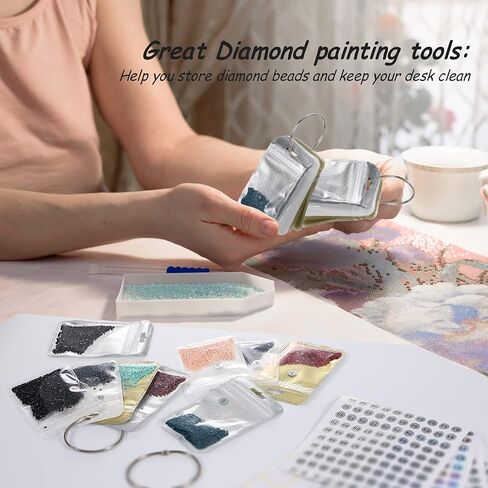 200 Pieces Diamond Painting Accessories Diamond Painting Tools Kit Storage Container Diamond Art Resealable Bags with 4 Round Binding Rings, 5 Sheets Number Stickers and 5 Sheets Sticker Label in Saudi Arabia