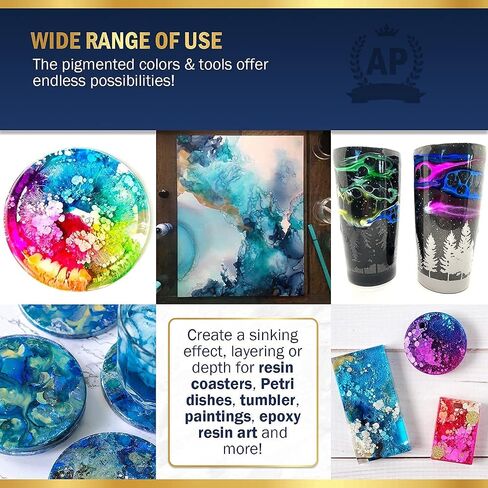 Alcohol Ink Set - 15 pcs of 20ml Vibrant Concentrated Colors Alcohol-Based Ink for Epoxy Resin Art Petri Dish Tumbler Making incl. Acrylic Ink Paper for Alcohol Inks Blending Solution & Paint Brushes in Saudi Arabia