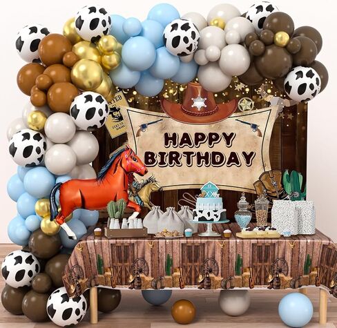 KELENO 121 Western Cowboy Birthday Party Decorations Supplies for Kids Boys Adults Brown Blue Horse Balloon Galand Arch Kit Tablecloth Backdrop Rodeo Balloon Western Themed Party Decorations in Kuwait