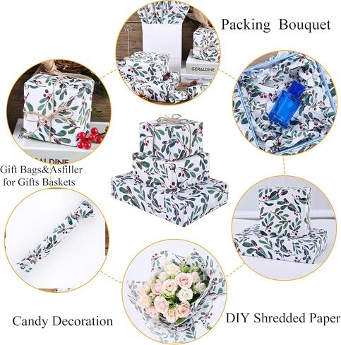 100 Sheets 20 * 14 Inches Christmas Tissue Paper for Gift Bags, Holly Berry Printed Tissue Paper for Gift Wrapping, Xmas Decorative Tissue for Birthday Wedding Winter Holidays DIY Craft in Saudi Arabia