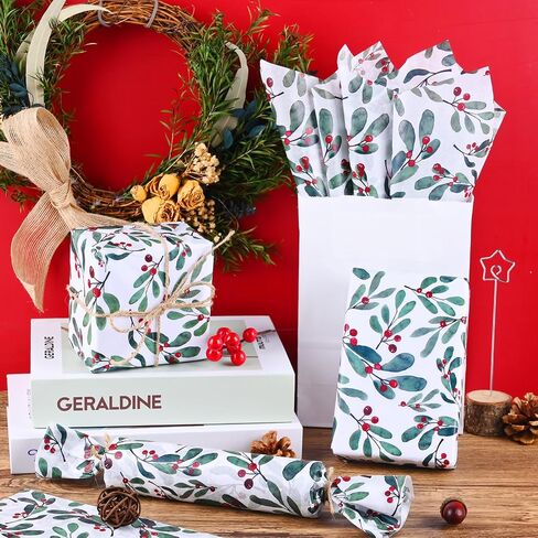 100 Sheets 20 * 14 Inches Christmas Tissue Paper for Gift Bags, Holly Berry Printed Tissue Paper for Gift Wrapping, Xmas Decorative Tissue for Birthday Wedding Winter Holidays DIY Craft in Saudi Arabia