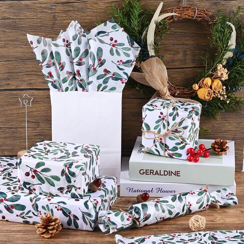 100 Sheets 20 * 14 Inches Christmas Tissue Paper for Gift Bags, Holly Berry Printed Tissue Paper for Gift Wrapping, Xmas Decorative Tissue for Birthday Wedding Winter Holidays DIY Craft in Saudi Arabia