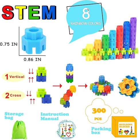 300 Pcs Kids Building Blocks for Kids with Storage Bag- Interlocking, Colorful Stem Toys for 3+ Year Old- Connects Building Toys for Kids Learning- Kindergarten Educational Toys for 3 Year Old in Saudi Arabia