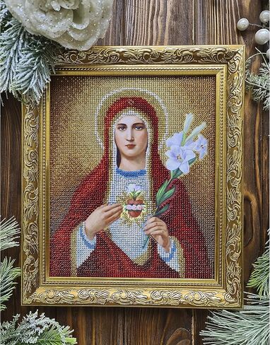 مجموعة تطريز خرز على شكل قلب مريم ايقونة دينية كاثوليكية ذاتية الصنع، اطقم نسيج مطرز بغرز متقاطعة من ماري العذراء مريم العذراء السيدة العذراء in Kuwait