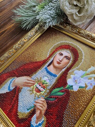 مجموعة تطريز خرز على شكل قلب مريم ايقونة دينية كاثوليكية ذاتية الصنع، اطقم نسيج مطرز بغرز متقاطعة من ماري العذراء مريم العذراء السيدة العذراء in Kuwait