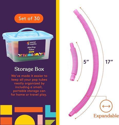 سبيشيال سابلايز عبوة من 30 قطعة من انابيب السحب والفرقعة المرحة الصغيرة للاطفال، لعبة التمدد والانحناء والبناء والتوصيل، توفر اللعب الحسي السمعي واللمس، حاوية تخزين قابلة لاعادة الاستخدام، ملونة in Kuwait