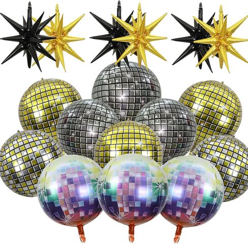 18 قطعة من ديكورات حفلات الديسكو بنمط السبعينيات والثمانينيات والتسعينيات، بالونات كرة ديسكو رباعية الابعاد بمراة معدنية، بالونات فويل على شكل نجمة متفجرة، بالونات مايلر مخروط النجوم الذهبية والسوداء in Kuwait