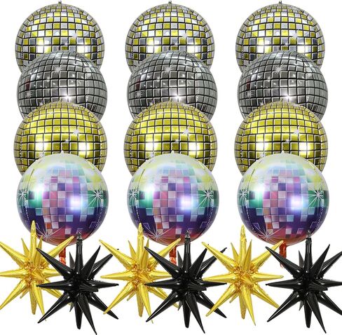 18 قطعة من ديكورات حفلات الديسكو بنمط السبعينيات والثمانينيات والتسعينيات، بالونات كرة ديسكو رباعية الابعاد بمراة معدنية، بالونات فويل على شكل نجمة متفجرة، بالونات مايلر مخروط النجوم الذهبية والسوداء in Kuwait