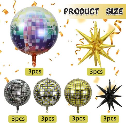 18 قطعة من ديكورات حفلات الديسكو بنمط السبعينيات والثمانينيات والتسعينيات، بالونات كرة ديسكو رباعية الابعاد بمراة معدنية، بالونات فويل على شكل نجمة متفجرة، بالونات مايلر مخروط النجوم الذهبية والسوداء in Kuwait