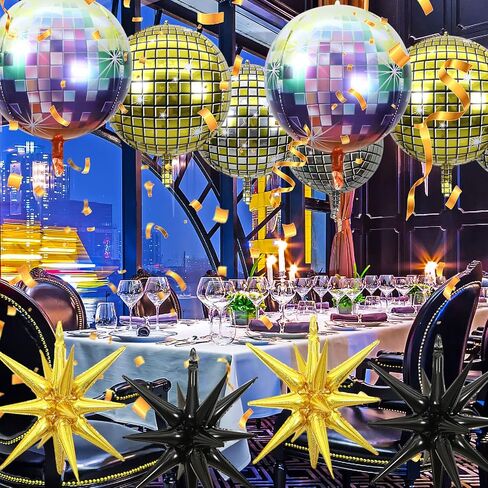 18 قطعة من ديكورات حفلات الديسكو بنمط السبعينيات والثمانينيات والتسعينيات، بالونات كرة ديسكو رباعية الابعاد بمراة معدنية، بالونات فويل على شكل نجمة متفجرة، بالونات مايلر مخروط النجوم الذهبية والسوداء in Kuwait