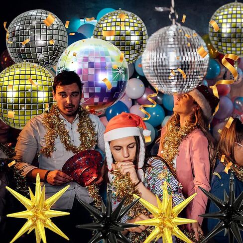 18 قطعة من ديكورات حفلات الديسكو بنمط السبعينيات والثمانينيات والتسعينيات، بالونات كرة ديسكو رباعية الابعاد بمراة معدنية، بالونات فويل على شكل نجمة متفجرة، بالونات مايلر مخروط النجوم الذهبية والسوداء in Kuwait