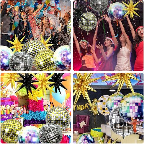 18 قطعة من ديكورات حفلات الديسكو بنمط السبعينيات والثمانينيات والتسعينيات، بالونات كرة ديسكو رباعية الابعاد بمراة معدنية، بالونات فويل على شكل نجمة متفجرة، بالونات مايلر مخروط النجوم الذهبية والسوداء in Kuwait