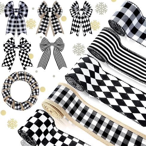 25 Yard 5 Rolls Christmas Buffalo Plaid Wired Ribbons 2.5 Inch Ribbons for Crafts Ribbons Black and White Fabric Ribbon Farmhouse Wired Edge Burlap Stripe Wrapping Ribbons for Christmas Decoration in Saudi Arabia