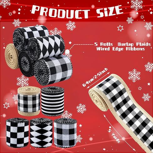 25 Yard 5 Rolls Christmas Buffalo Plaid Wired Ribbons 2.5 Inch Ribbons for Crafts Ribbons Black and White Fabric Ribbon Farmhouse Wired Edge Burlap Stripe Wrapping Ribbons for Christmas Decoration in Saudi Arabia