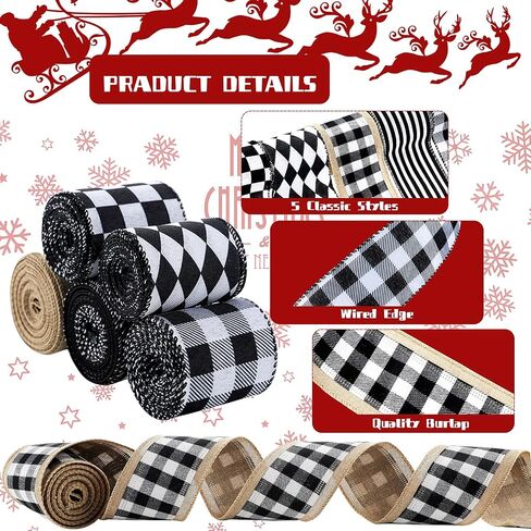 25 Yard 5 Rolls Christmas Buffalo Plaid Wired Ribbons 2.5 Inch Ribbons for Crafts Ribbons Black and White Fabric Ribbon Farmhouse Wired Edge Burlap Stripe Wrapping Ribbons for Christmas Decoration in Saudi Arabia
