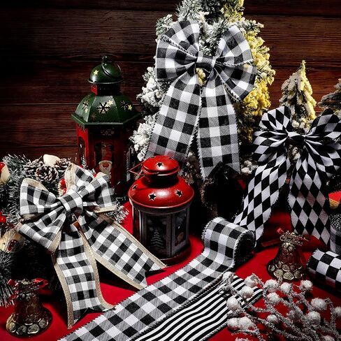 25 Yard 5 Rolls Christmas Buffalo Plaid Wired Ribbons 2.5 Inch Ribbons for Crafts Ribbons Black and White Fabric Ribbon Farmhouse Wired Edge Burlap Stripe Wrapping Ribbons for Christmas Decoration in Saudi Arabia
