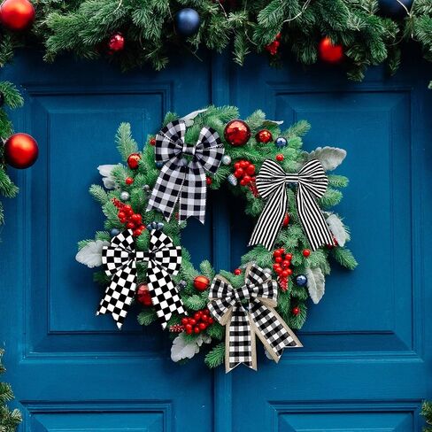 25 Yard 5 Rolls Christmas Buffalo Plaid Wired Ribbons 2.5 Inch Ribbons for Crafts Ribbons Black and White Fabric Ribbon Farmhouse Wired Edge Burlap Stripe Wrapping Ribbons for Christmas Decoration in Saudi Arabia