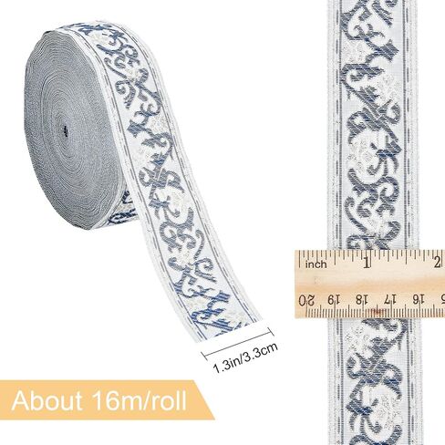 GORGECRAFT 7.7 ياردة شريط جاكار عرقي فضي معدني 1.3 بوصة عريض مزدوج الجانب مطرز بالزهور أشرطة منسوجة بوهيمية بيضاء هامش شريط قماش تقليم لخياطة الملابس اليدوية DIY in Kuwait