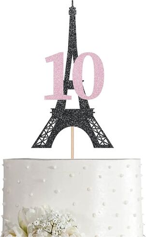Paris 10th Birthday Cake Topper Black Pink Glitter Girl 10 Years Birthday Party Decoration, Supplies in Saudi Arabia