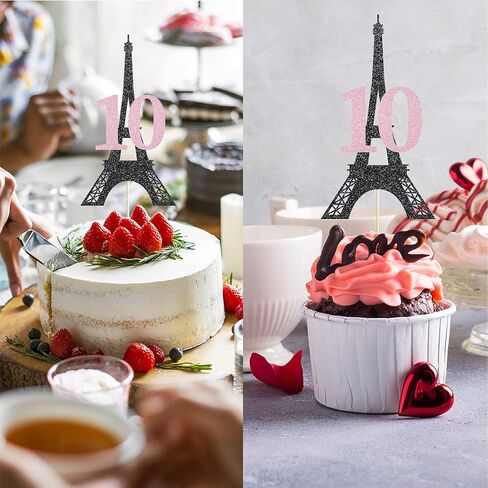 Paris 10th Birthday Cake Topper Black Pink Glitter Girl 10 Years Birthday Party Decoration, Supplies in Saudi Arabia