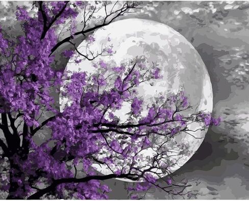 مجموعة تلوين بالارقام للبالغين - بيج مون | مجموعة الرسم بالارقام على القماش للمبتدئين | ديكور حائط المنزل | قماش بجودة فنية مطبوعة مسبقًا 20 انش × 16 انش، 3 فرش، 24 طلاء اكريليك in Kuwait