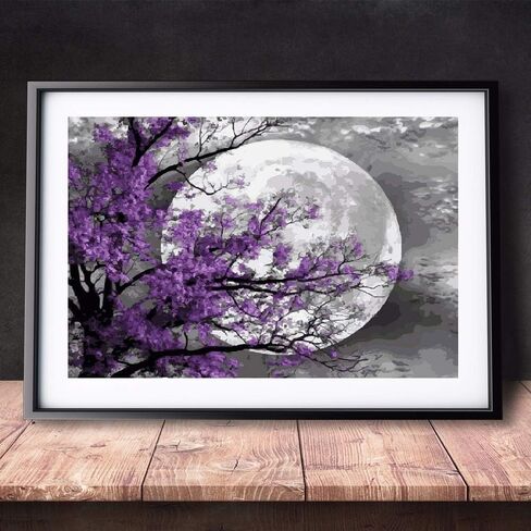 مجموعة تلوين بالارقام للبالغين - بيج مون | مجموعة الرسم بالارقام على القماش للمبتدئين | ديكور حائط المنزل | قماش بجودة فنية مطبوعة مسبقًا 20 انش × 16 انش، 3 فرش، 24 طلاء اكريليك in Kuwait