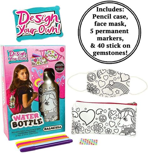 RALME Color Your Own Unicorn Water Bottle for Girls DIY Craft Kit, with Kids Color Your Own Face Mask & Pencil Case in Kuwait