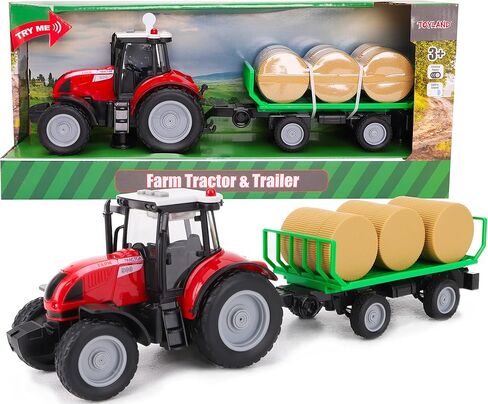 جرار ومقطورة باللون الأحمر مقاس 15 بوصة من Toyland® مع أضواء وصوت - ألعاب المزرعة للأطفال (جرار ومقطورة بالات) in Saudi Arabia